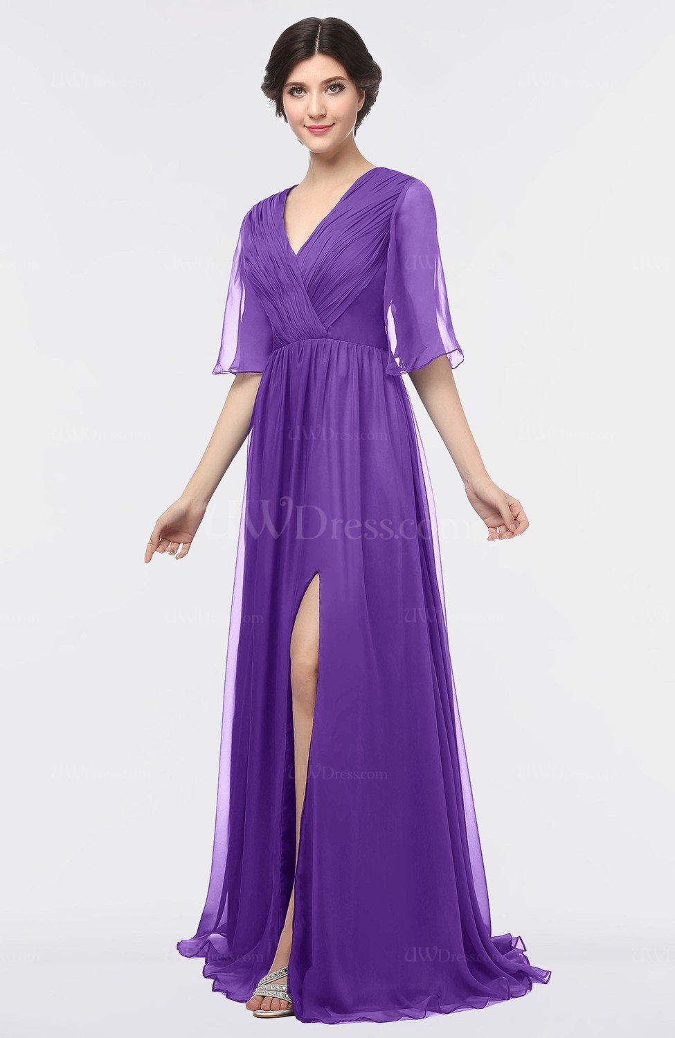 Deep Lavender Elegant Vneck Elbow Length Sleeve Floor Length Ruching