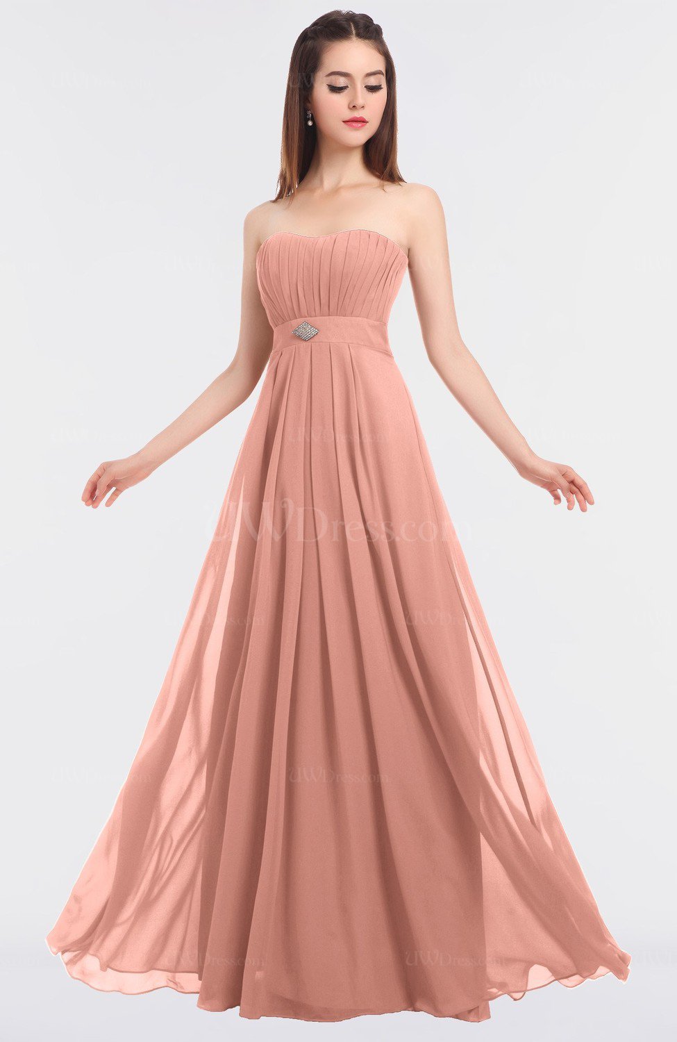 Peach Elegant A Line Strapless Sleeveless Floor Length Beaded Bridesmaid Dresses
