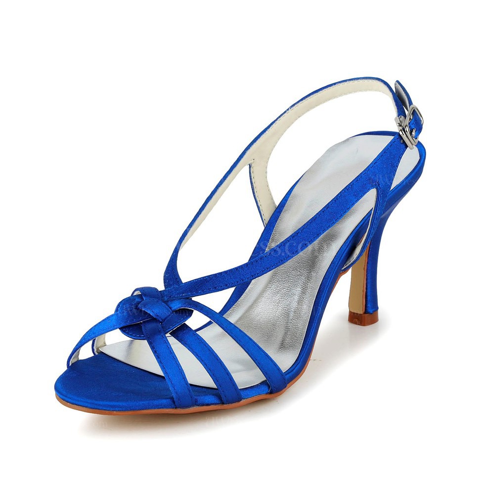 Royal Blue Kitten Heel Wedding Shoes Open Toe Party & Evening Satin Women's