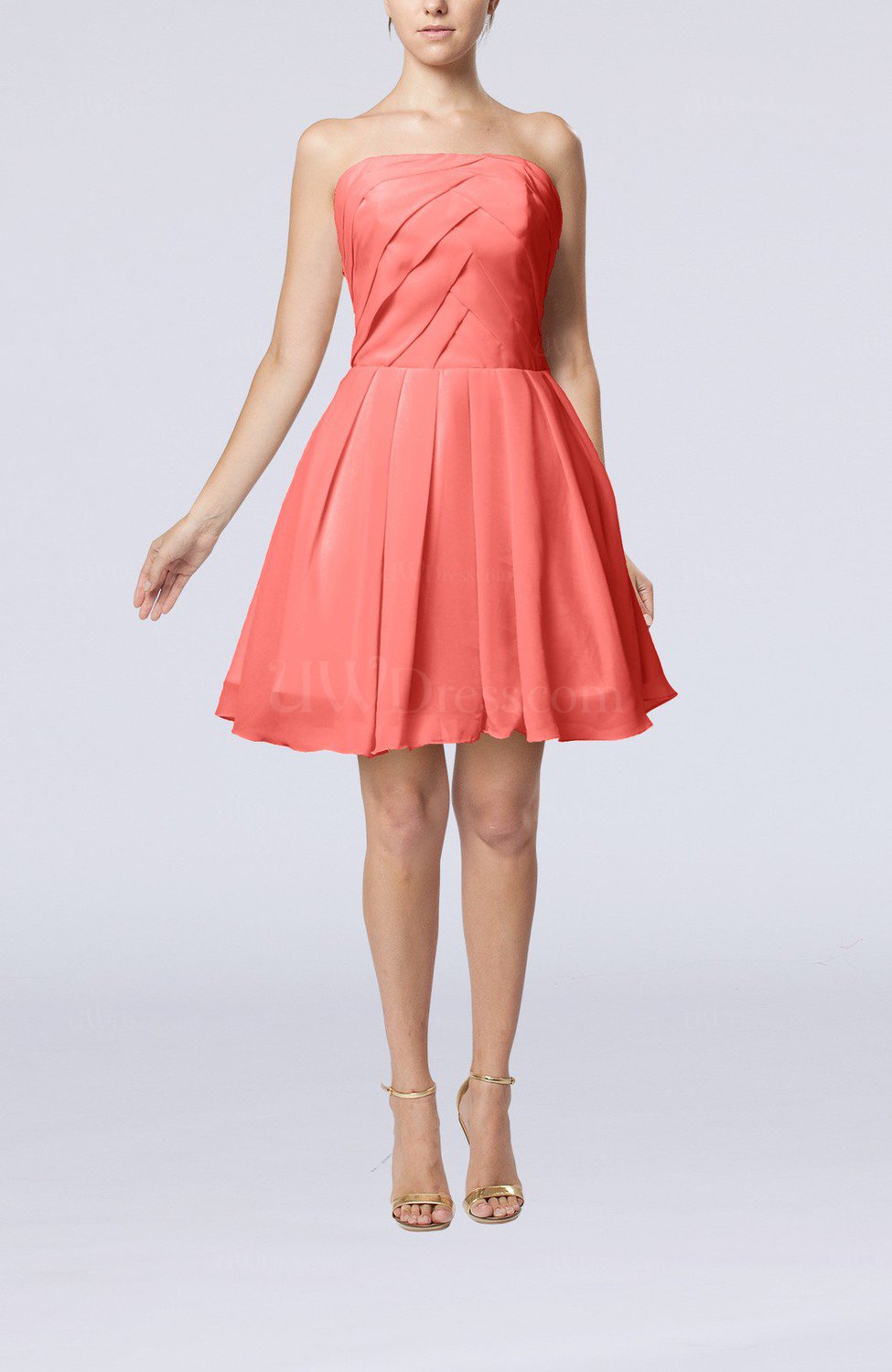 Coral Cute Backless Chiffon Mini Ruching Homecoming Dresses - UWDress.com