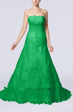 Green Disney Princess Garden Strapless Sleeveless Lace up Organza Court Train Bridal Gowns