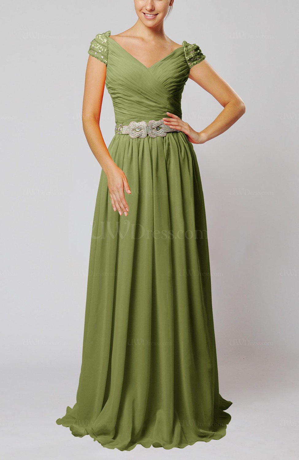 Olive Green Vintage Sheath V-neck Chiffon Pleated Homecoming Dresses ...