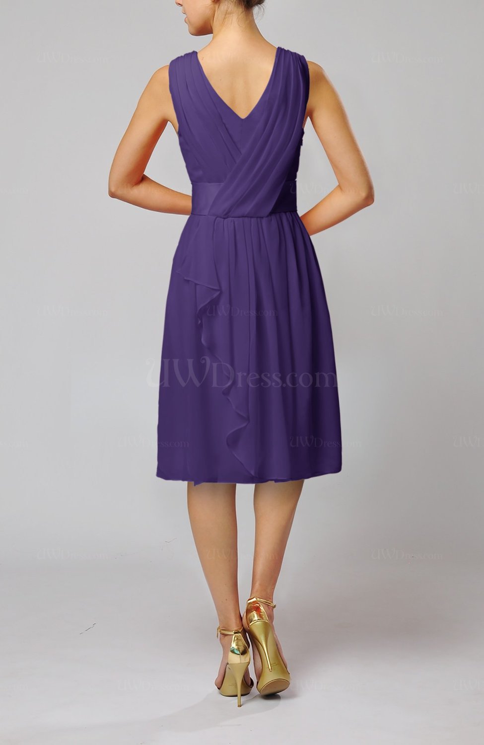 Dark Purple Romantic Column V neck Chiffon Ribbon Wedding Guest Dresses UWDress