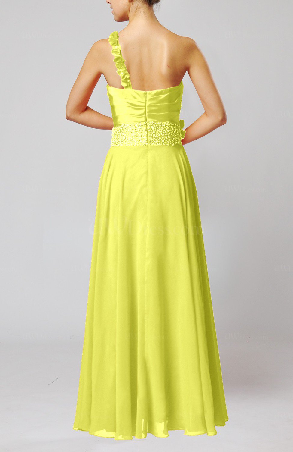 Pale Yellow Gorgeous Sheath One Shoulder Sleeveless Floor Length Flower Wedding Guest Dresses