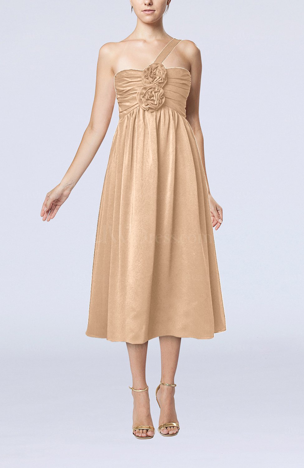 Burnt Orange Casual One Shoulder Sleeveless Chiffon Pleated Wedding Guest Dresses UWDress