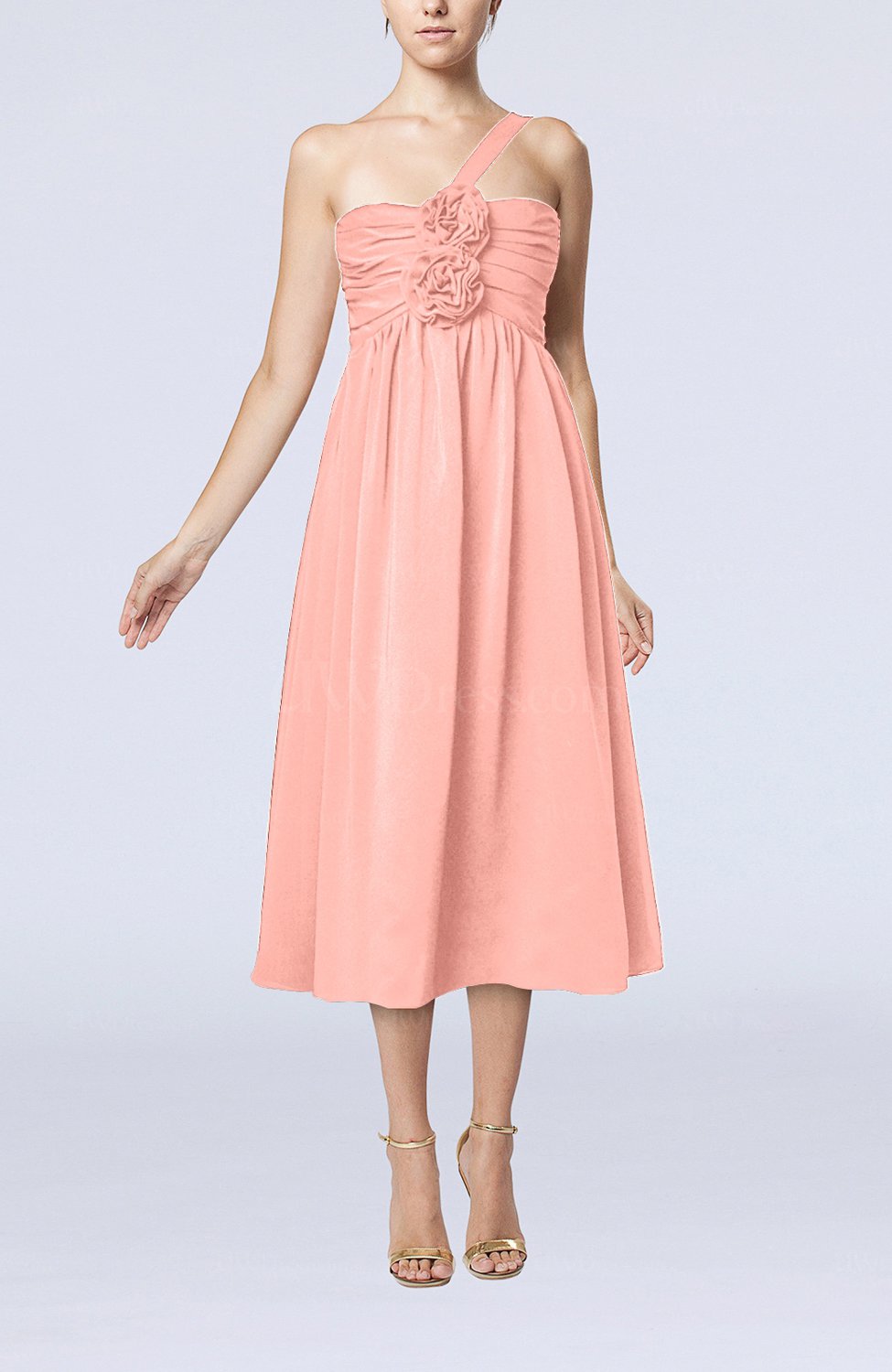 Peach Casual One Shoulder Sleeveless Chiffon Pleated Wedding Guest Dresses UWDress