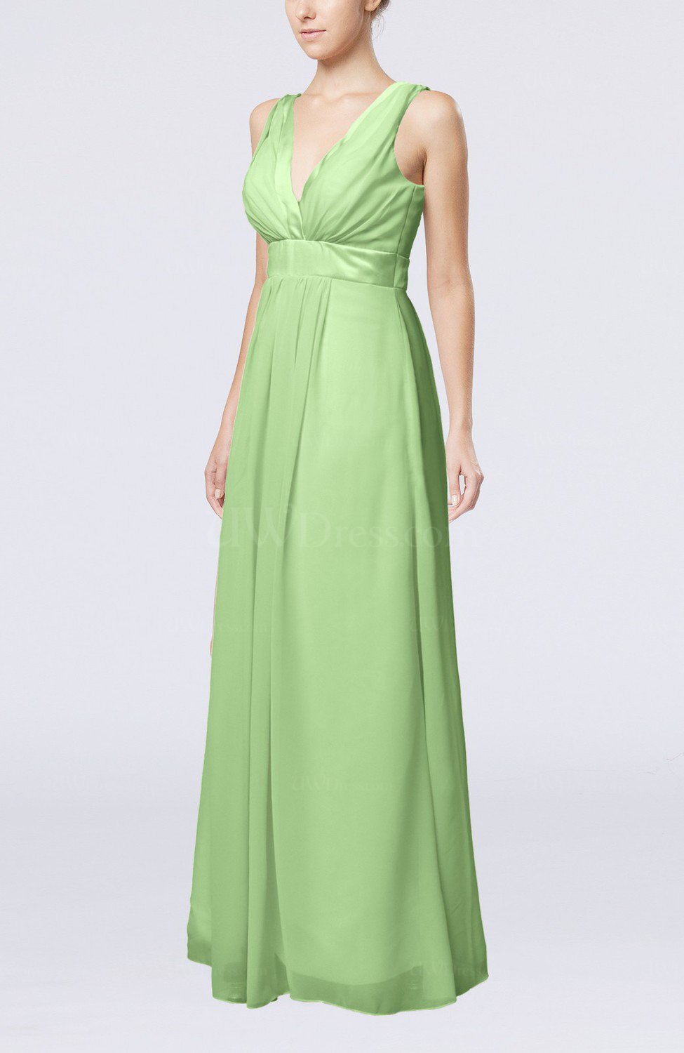 Pale Green Plain V-neck Zip up Chiffon Sash Bridesmaid Dresses ...