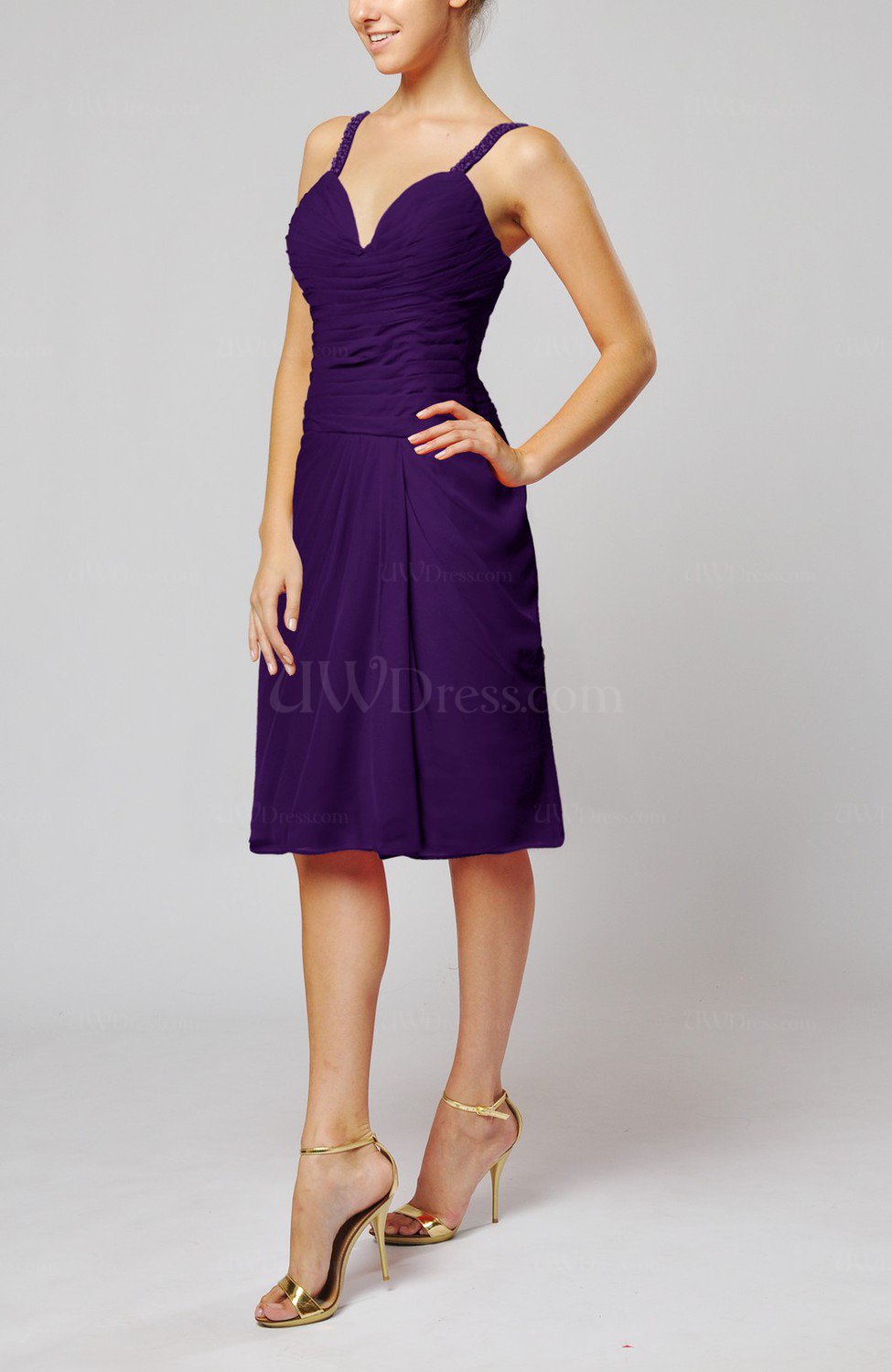 Royal Purple Plain Sleeveless Backless Chiffon Ruching Wedding Guest Dresses UWDress