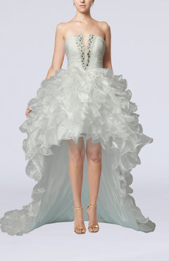 White Sexy V-neck Zip up Chapel Train Ruffles Prom Dresses