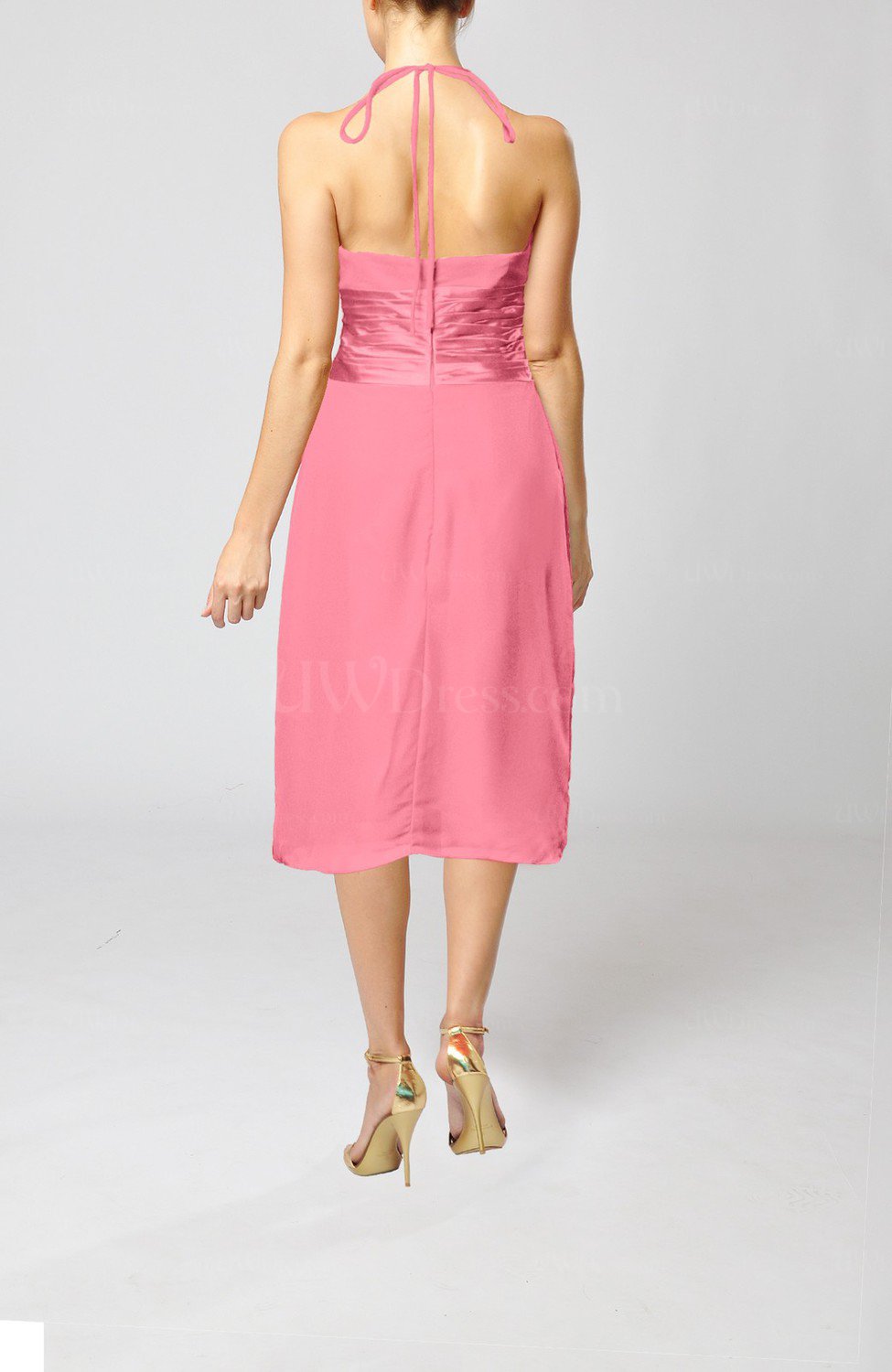 Pink Simple Halter Backless Chiffon Knee Length Cocktail Dresses