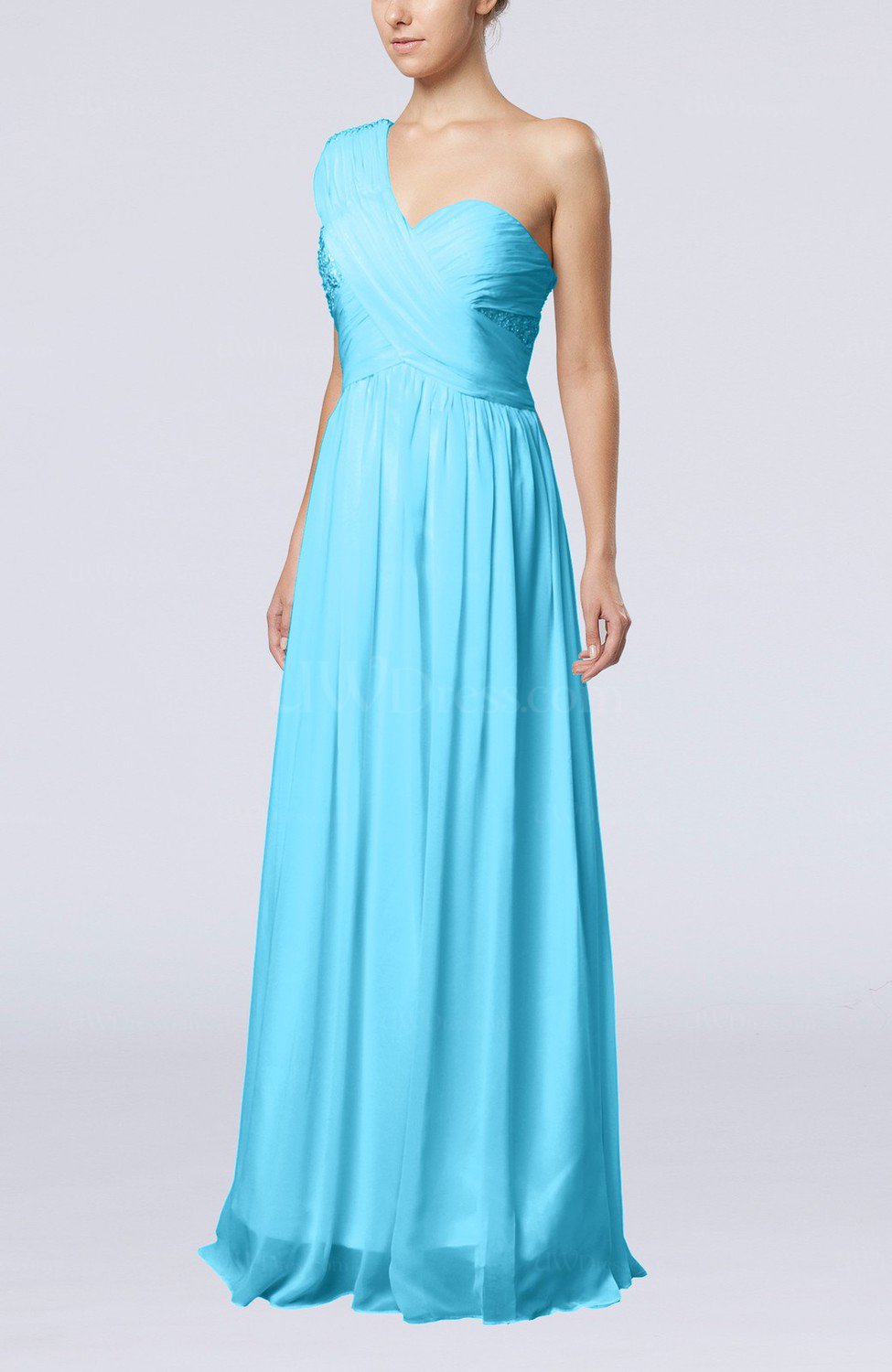 Turquoise Romantic Asymmetric Neckline Sleeveless Chiffon Ruching Prom ...
