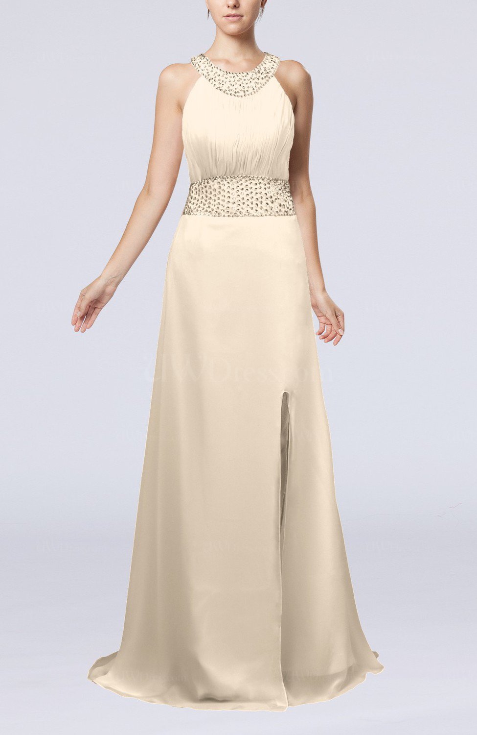 Cream Elegant Church A line Backless Chiffon Split Front Bridal Gowns UWDress