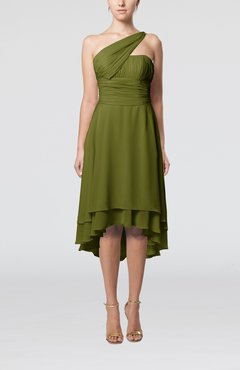 Olive Green Plain One Shoulder Sleeveless Hi-Lo Ruching Homecoming Dresses