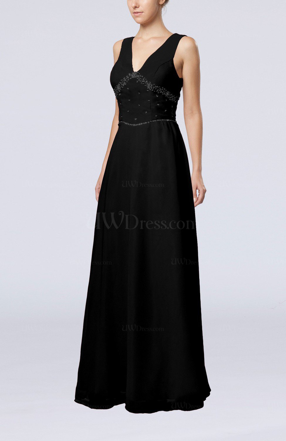 Black Elegant Column Sleeveless Floor Length Beaded Bridesmaid Dresses ...