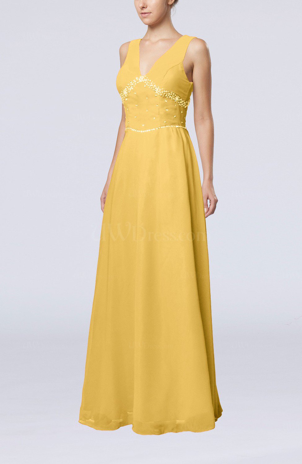 Gold Elegant Column Sleeveless Floor Length Beaded Bridesmaid Dresses ...