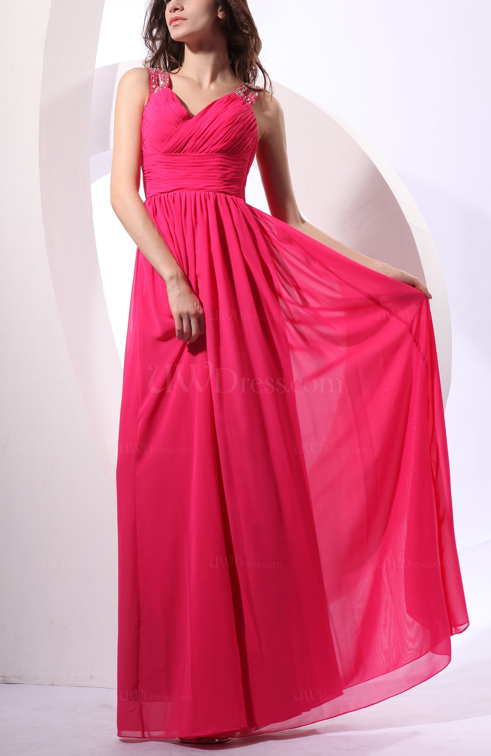 Hot Pink Classic Sheath V-neck Zipper Floor Length Beaded Bridesmaid ...