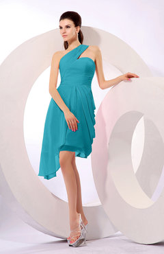 Teal Plain A-line Asymmetric Neckline Sleeveless Chiffon Ruching Cocktail Dresses