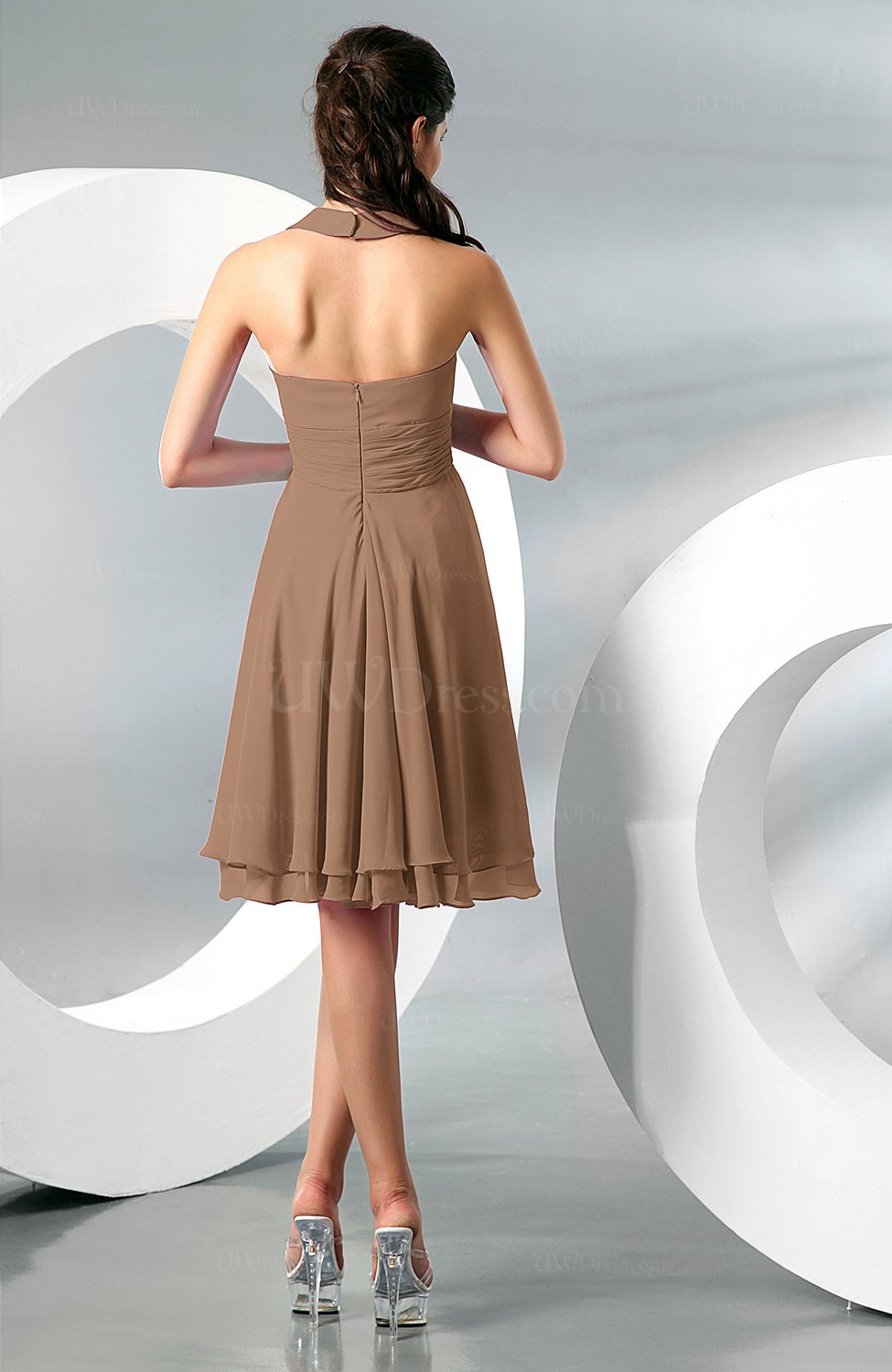 Light Brown Simple A-line Halter Zip up Chiffon Bridesmaid Dresses