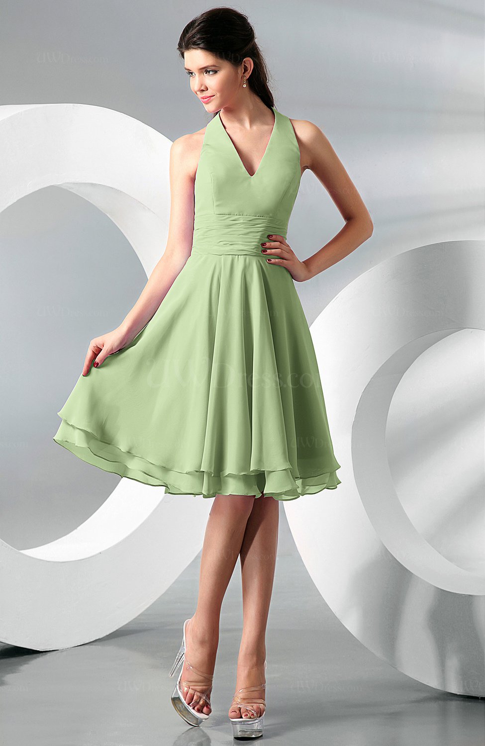 Sage Green Simple A-line Halter Zip up Chiffon Bridesmaid Dresses ...