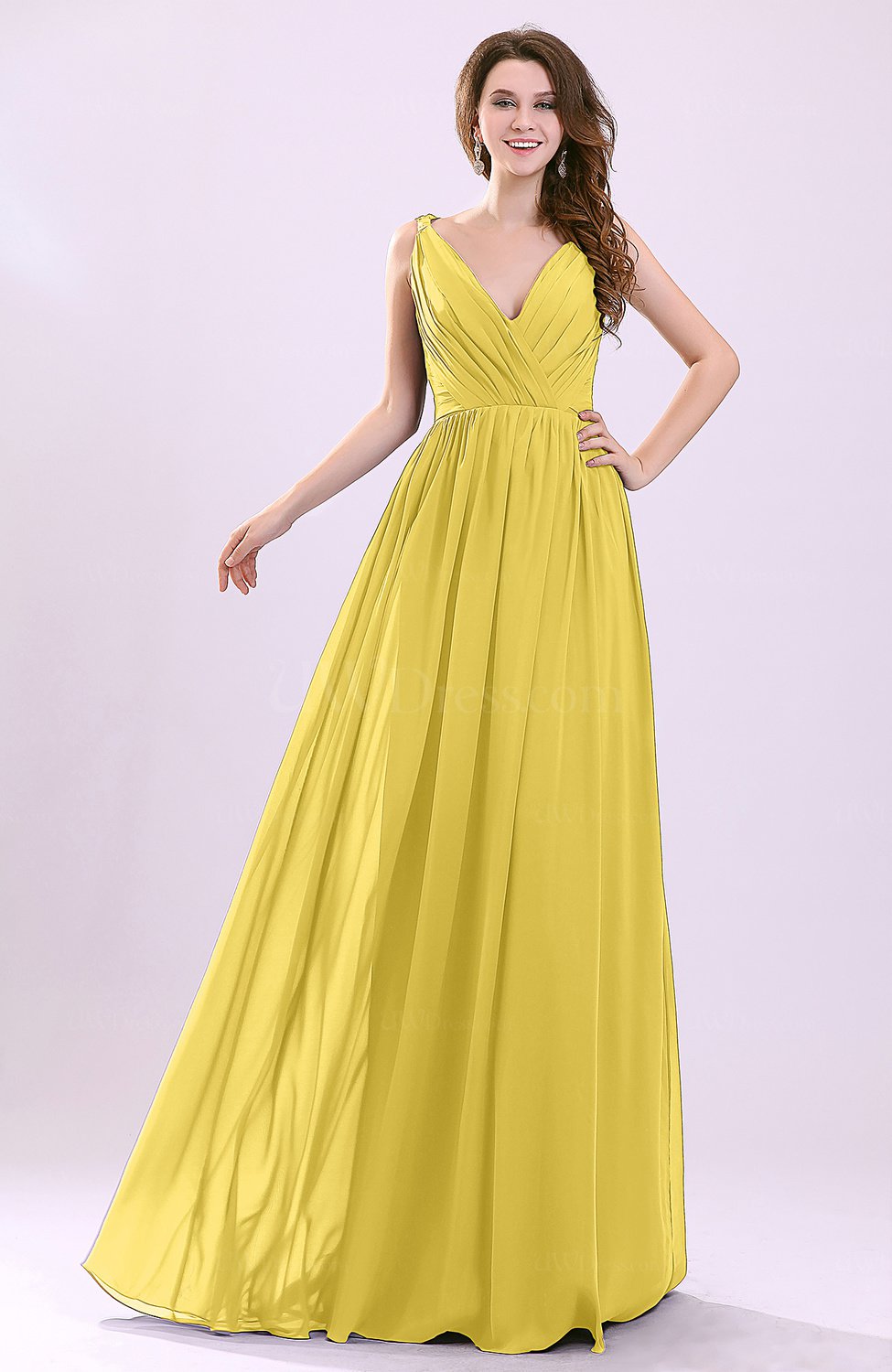 Pale Yellow Modern A line Sleeveless Zipper Chiffon Ruching Wedding Guest Dresses UWDress