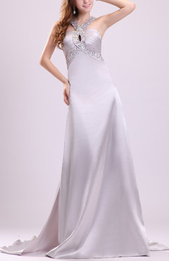 Silver Sexy A-line Sleeveless Elastic Woven Satin Court Train Rhinestone Evening Dresses