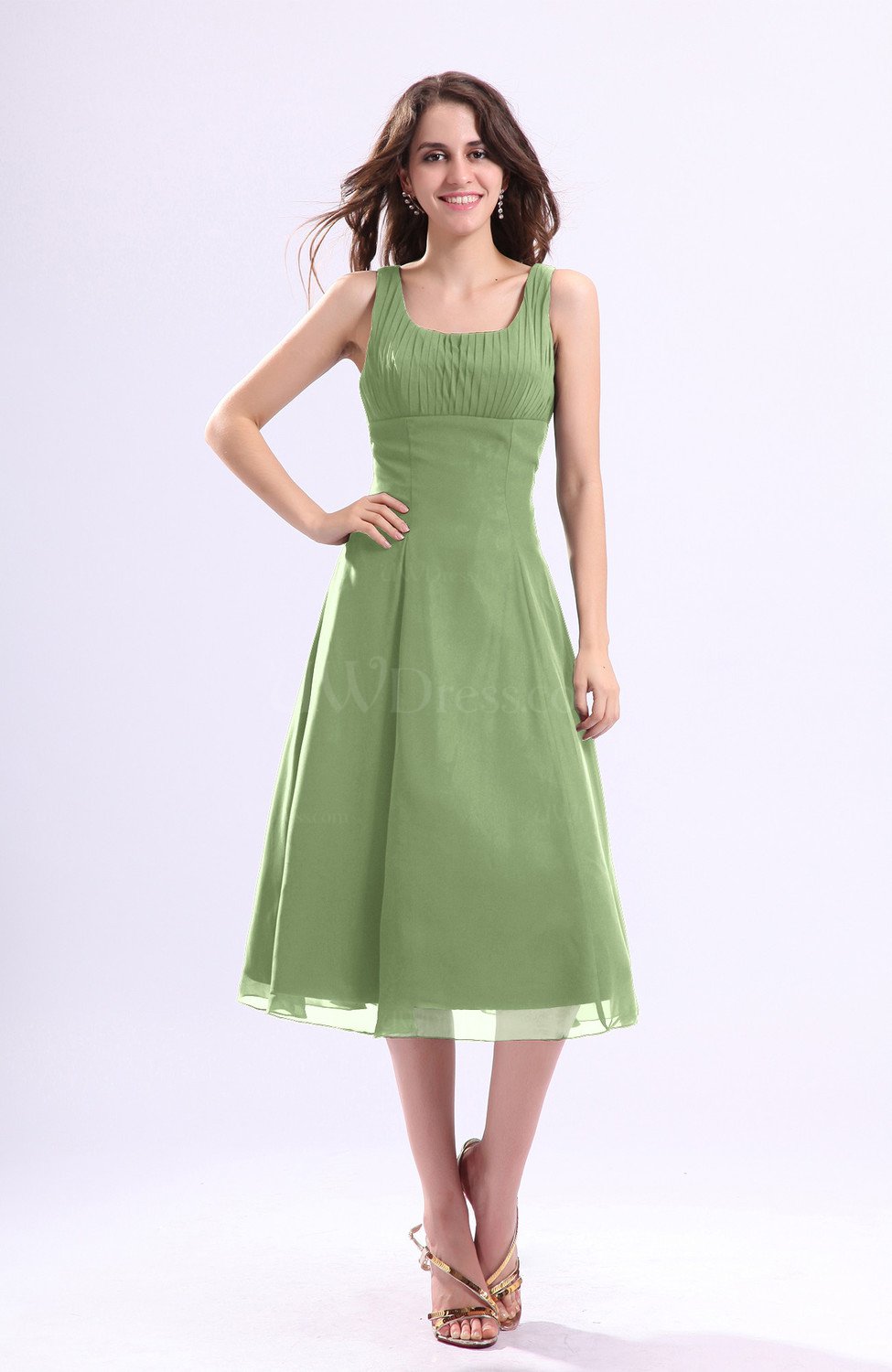 Sage Green Simple Aline Square Sleeveless Zip up Wedding Guest Dresses