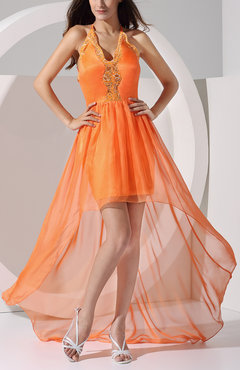 Orange Modern Sheath Organza Sweep Train Pleated Prom Dresses