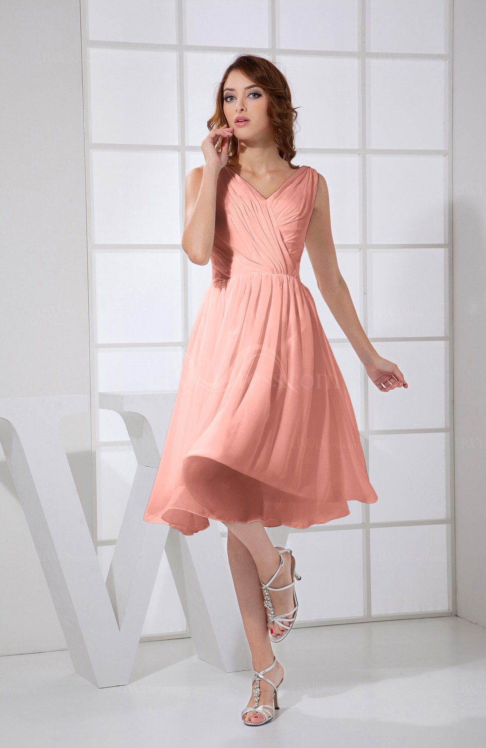 Peach Plain A-line V-neck Sleeveless Knee Length Prom Dresses - UWDress.com