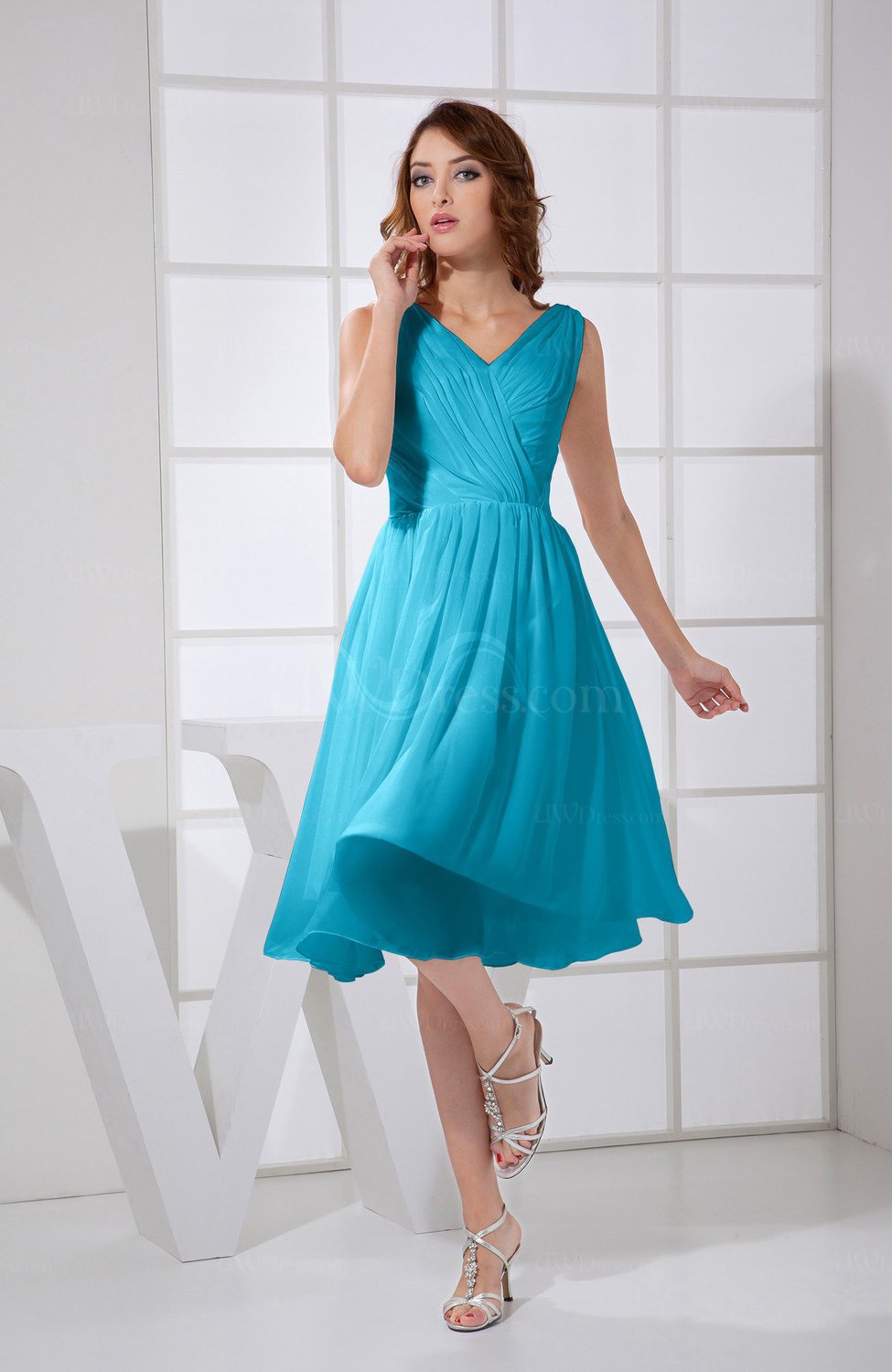 Teal Plain A-line V-neck Sleeveless Knee Length Prom Dresses - UWDress.com