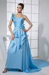 Elegant Asymmetric Neckline Elastic Woven Satin Panel Train Pleated Prom Dresses
