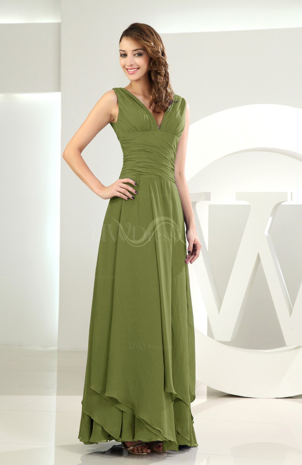 Olive Green Simple A line V neck Sleeveless Chiffon Wedding Guest Dresses UWDress