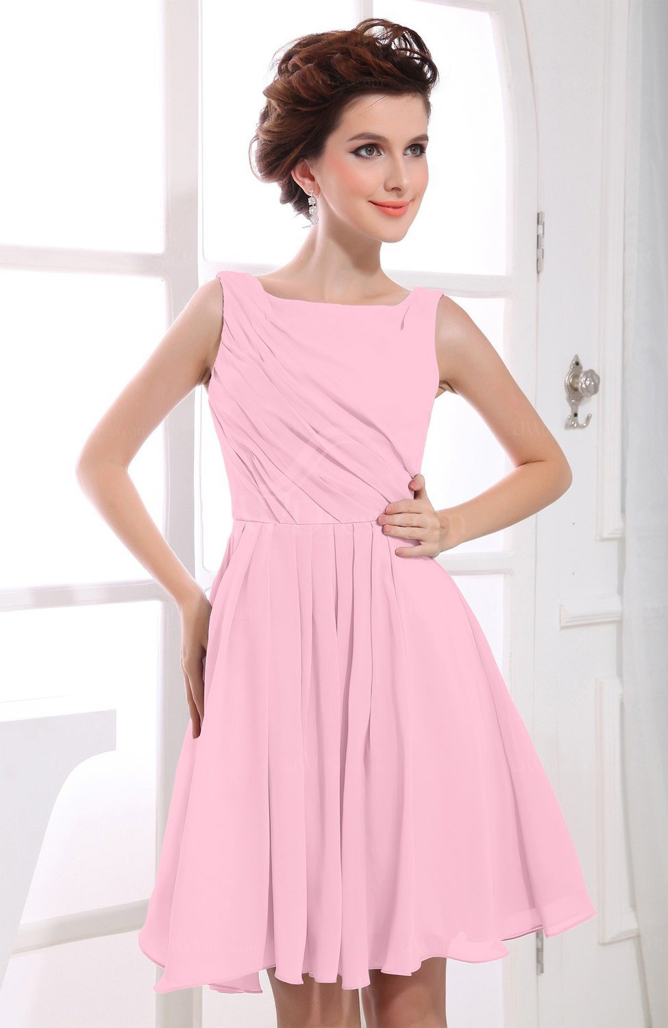 Baby Pink Casual A-line Sabrina Zipper Chiffon Ruching Party Dresses ...