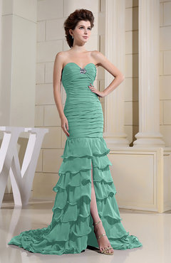 Mint Green Romantic Zip up Chiffon Chapel Train Rhinestone Prom Dresses