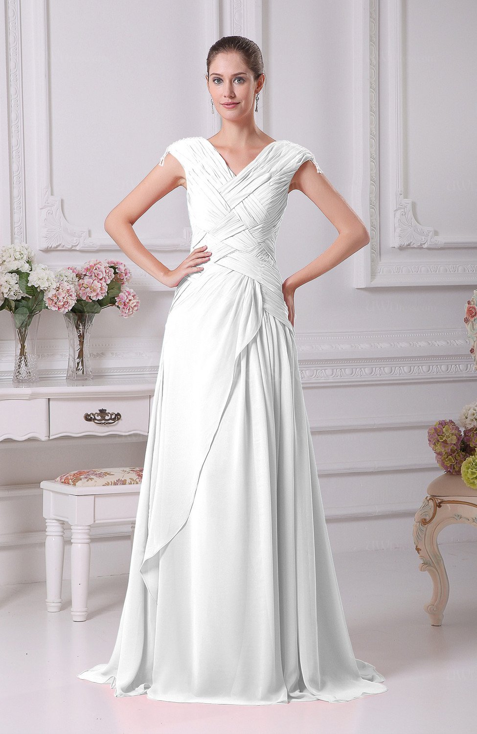 White Elegant A-line V-neck Short Sleeve Chiffon Floor Length Prom ...