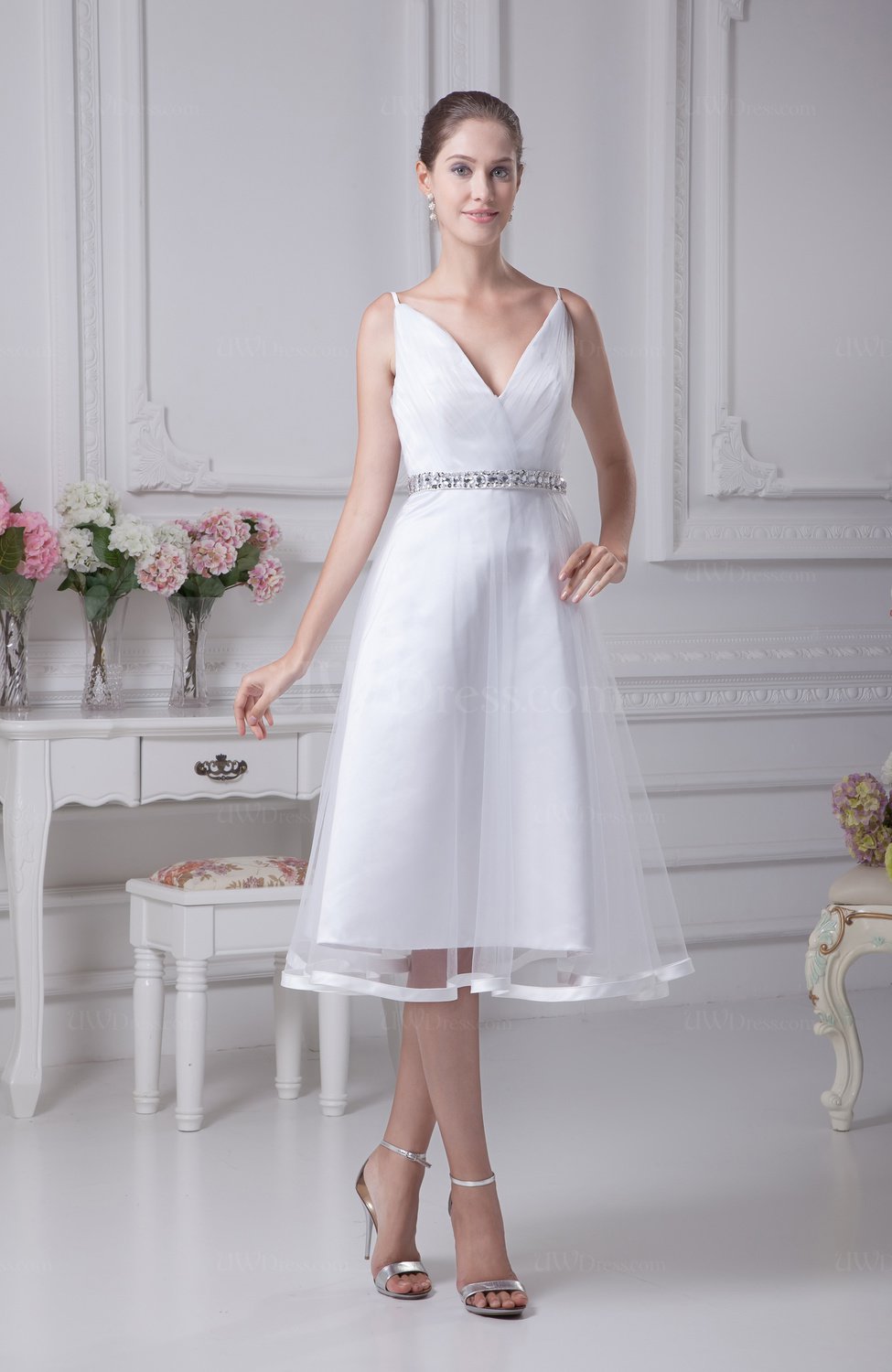 Informal Beach A line Spaghetti Sleeveless Tea Length Bridal Gowns UWDress