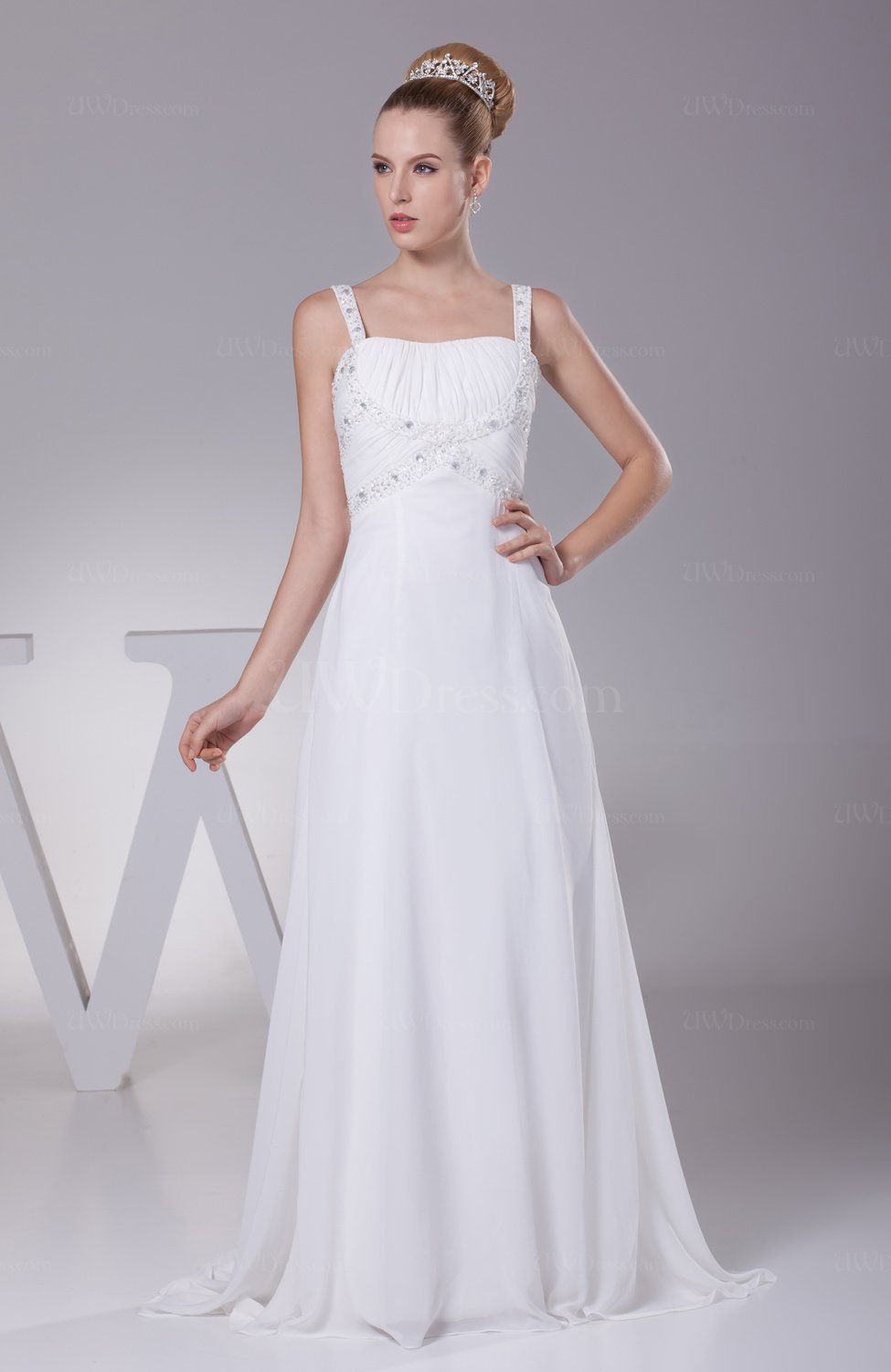 White Elegant Outdoor A-line Thick Straps Chiffon Sweep Train Ruching ...