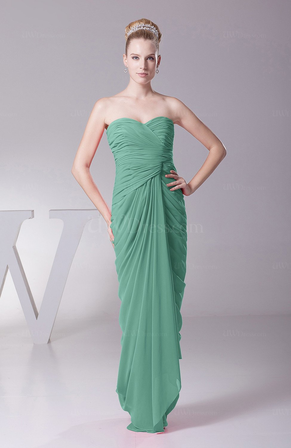 Mint Green Modest Sheath Sleeveless Backless Floor Length Ruching Prom ...
