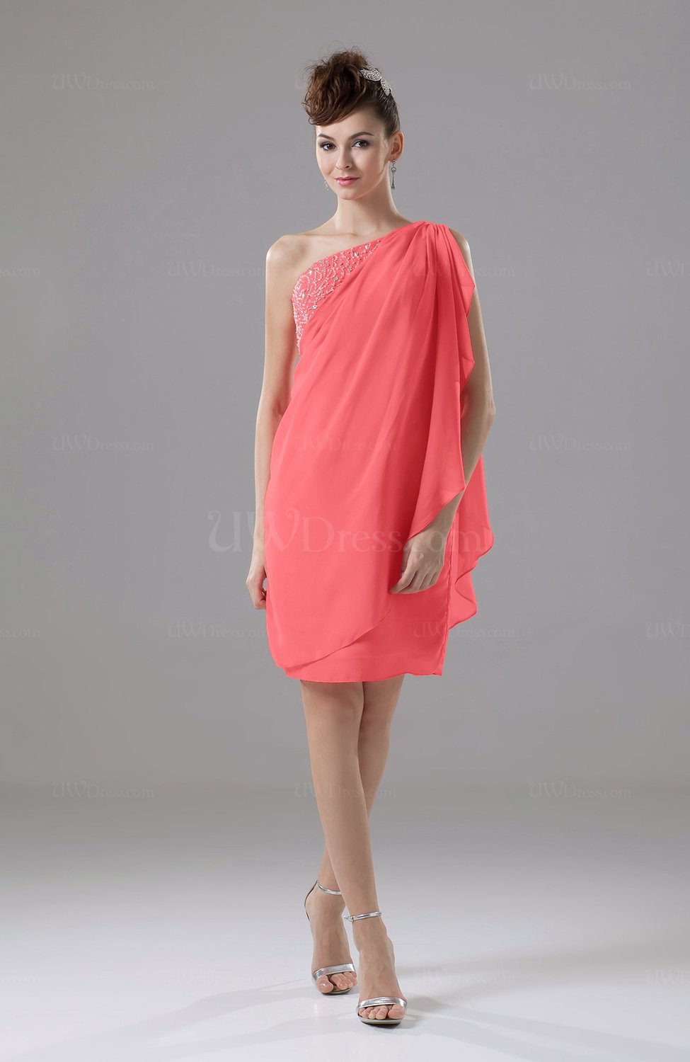 knee length coral cocktail dress