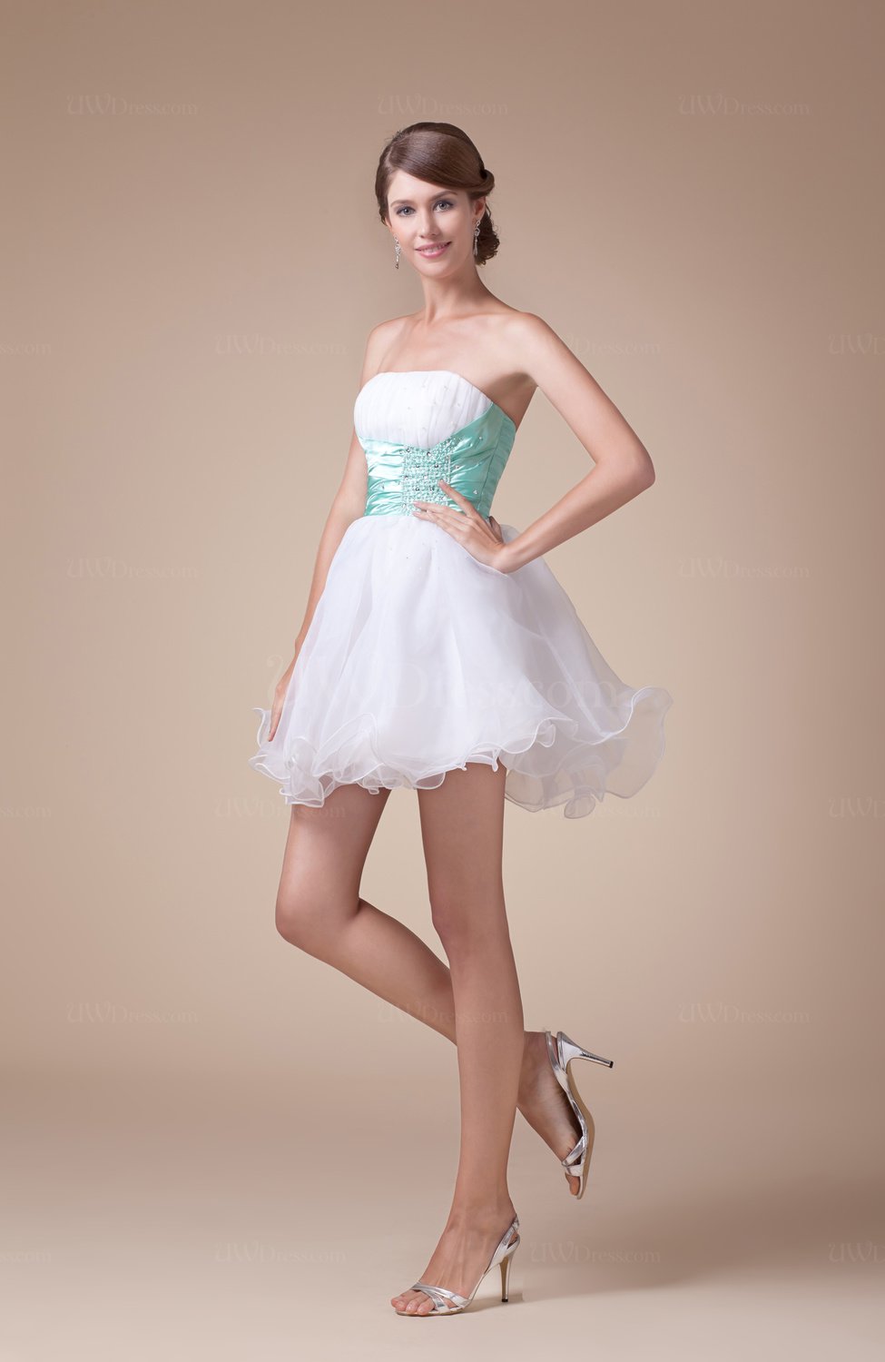 White Cute Strapless Sleeveless Lace up Organza Prom Dresses - UWDress.com