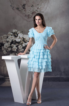 Aqua Cute Short Sleeve Lace up Chiffon Ruffles Party Dresses