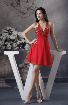 Red Sexy V-neck Sleeveless Zipper Rhinestone Cocktail Dresses