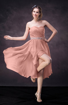 Peach Casual A-line Sweetheart Zip up Tea Length Bridesmaid Dresses
