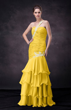 Yellow Sexy Trumpet One Shoulder Sleeveless Lace up Appliques Wedding Guest Dresses