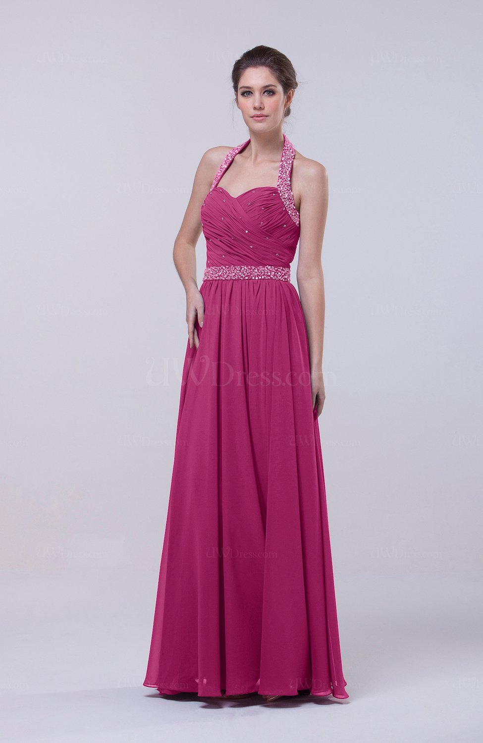 Hot Pink Elegant Column Halter Zip up Chiffon Prom Dresses - UWDress.com