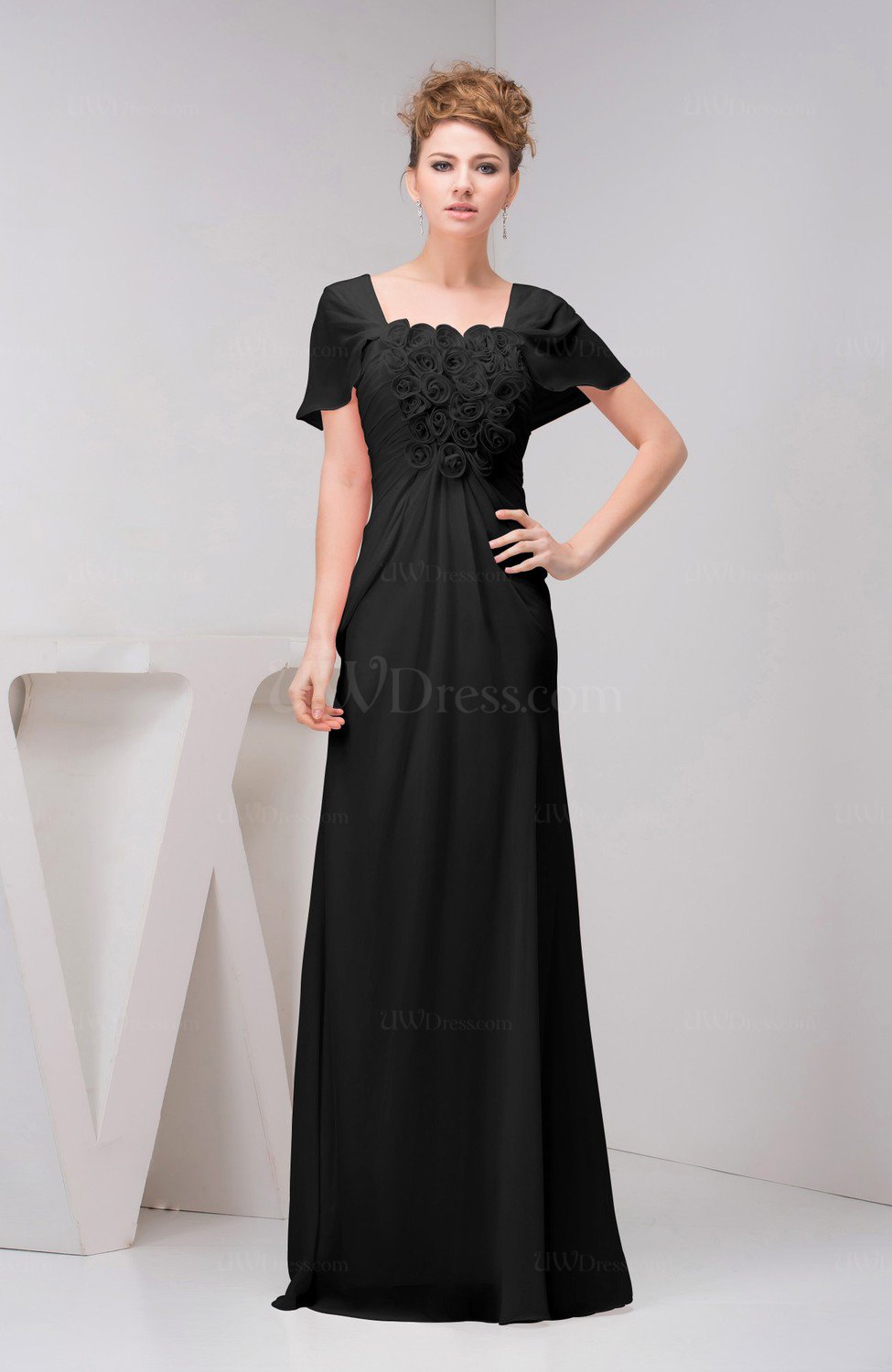 Black with Sleeves Bridesmaid Dress Chiffon Fall Casual Natural Outdoor ...