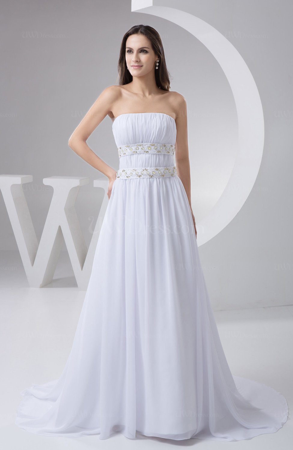 White Inexpensive Bridal Gowns Chiffon Beaded Cinderella Fall Country