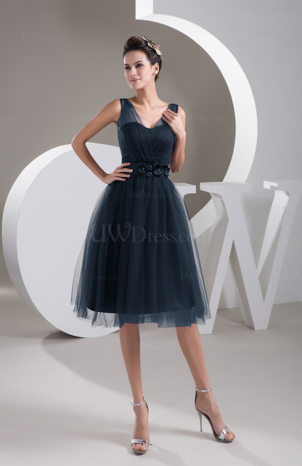 navy mid length bridesmaid dress