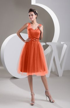 Persimmon Inexpensive Bridesmaid Dress Short Sheer Knee Length Informal Elegant