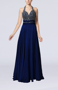 Electric Blue Glamorous Halter Sleeveless Backless Sweep Train