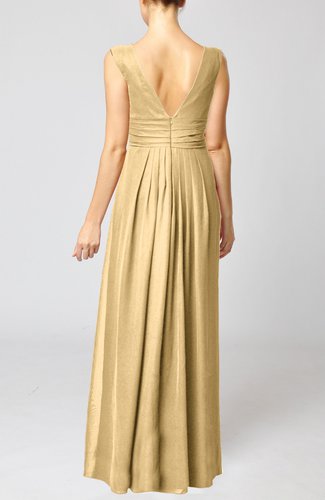 Gold Simple V-neck Sleeveless Floor Length Ruching Evening Dresses ...